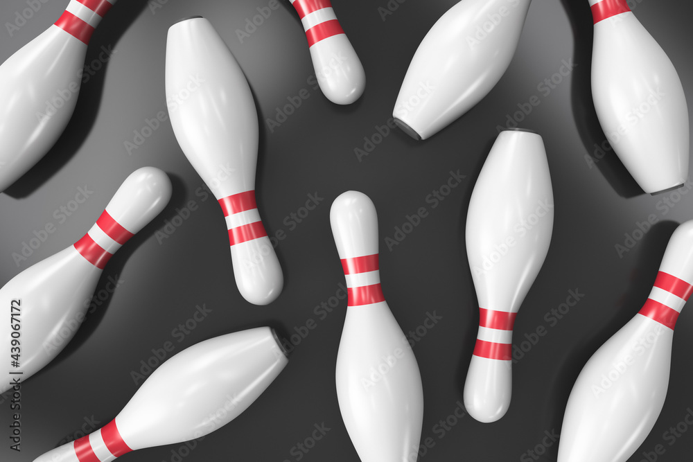 Bowling strike. Scattered pins. View from above Bowling strike. Scattered pins. View from above