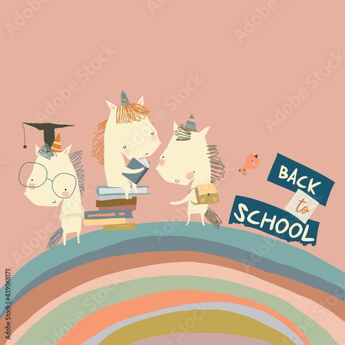 Happy Cartoon Unicorns going Back to School