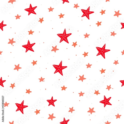 Seamless pattern with stars and starfish red color on white background