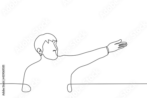 man points with his left hand beyond the border of the illustration - one line drawing. concept of signpost, guide, router