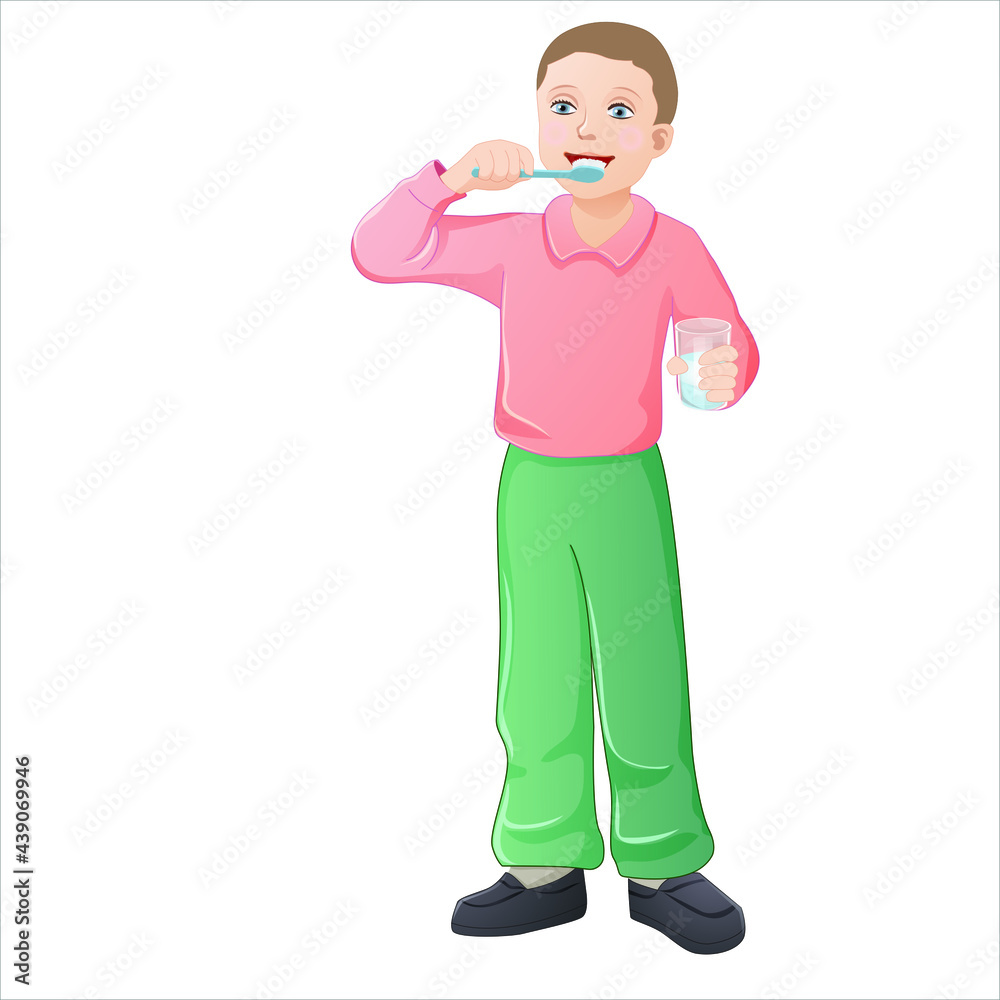 boy brushing his teeth while holding a glass of water boy brushing his teeth while holding a glass of water