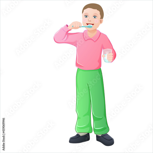 boy brushing his teeth while holding a glass of water