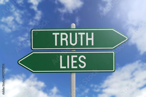 Truth or Lies - green road sign on sky background