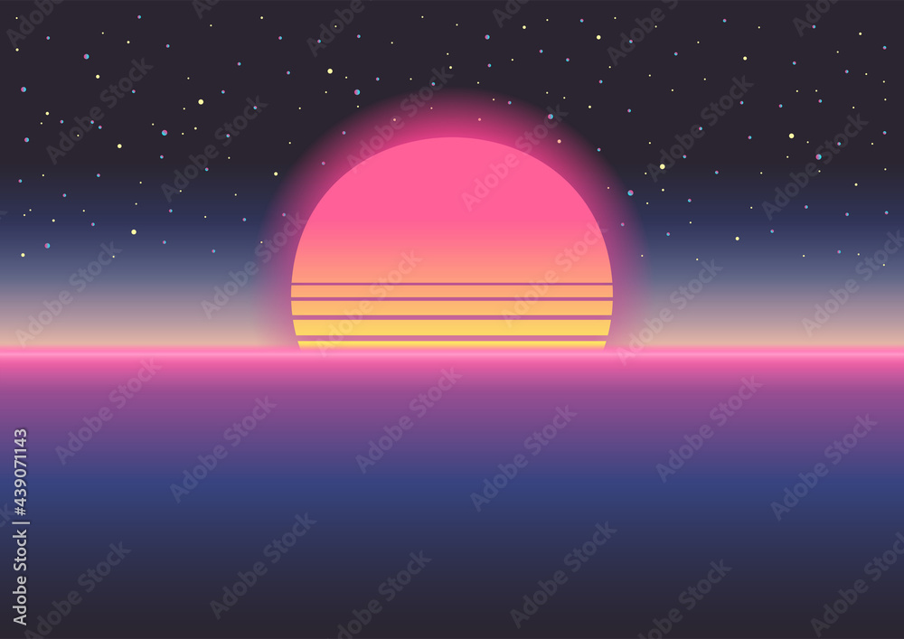 Sunrise, sunset landscape. Vector. Retrowave, synthwave, rave, vapor