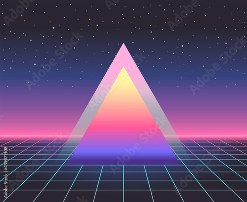 Glowing triangle. Retrowave, synthwave, rave, vapor wave, cyberpunk party background. Light grid landscape. Retro, vintage 1980s, 1990s. Black, purple, pink, blue neon colors. Banner, print, wallpaper