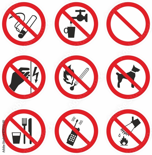 Vector set of red crossed out prohibition signs. electricity, dogs, smoking, matches, fire, food, telephone