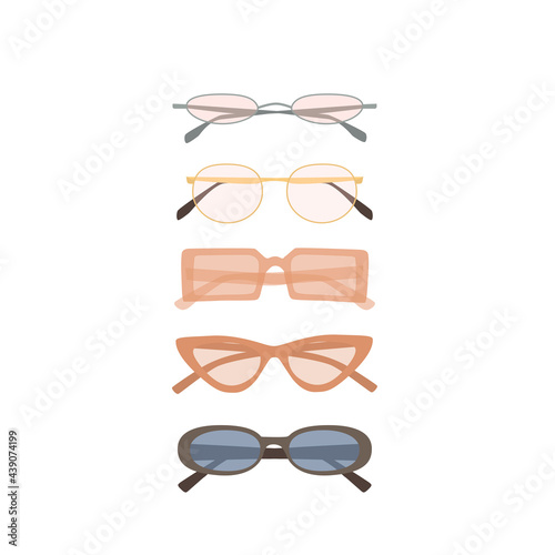 Women's glasses and sunglasses collection. Sunglasses with colored lenses. Female vector accessories. Trendy hand drawn illustration