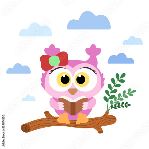 Cartoon cute pink baby owl with red bow sits on log and read book with blue clouds on background. Vector illustration