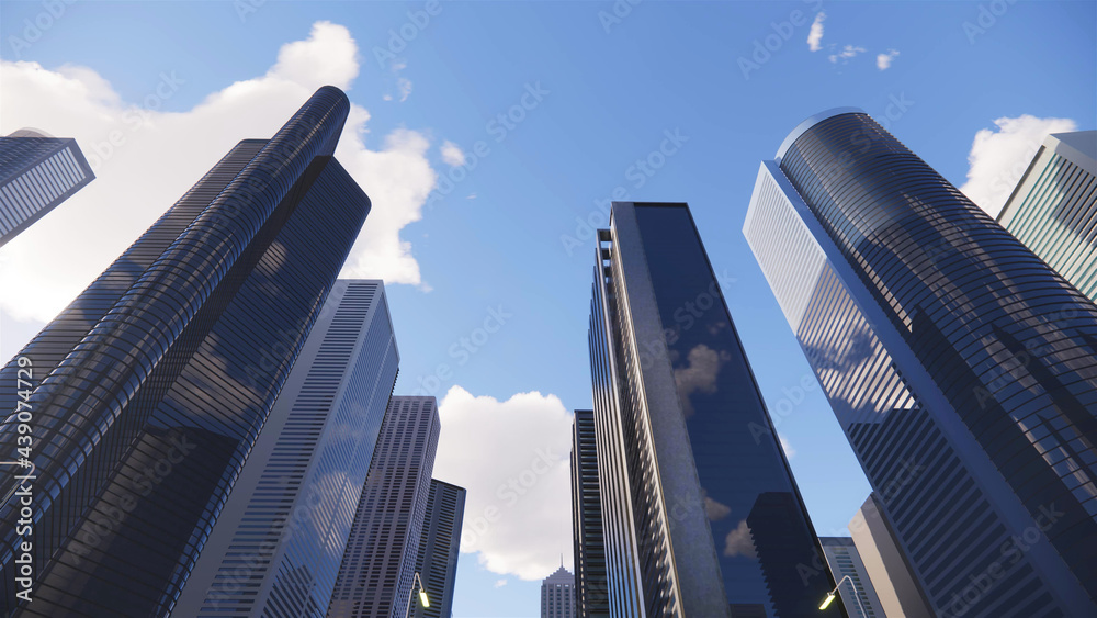 3d render of abstract bright city with skyscrapers. Simple forms of buildings in daylight. Forward camera movement.top of the abstract 3D city of white. Approach and distance to the height of a decent