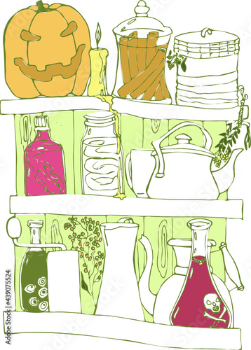VECTOR ILLUSTRATION KITCHEN SHELVES,CINNAMON JAR,KETTLE,JUG,COFFEE ,GRINDER,TINCTURE AND DECOCTION BOTTLES,HALLOWEN PUMPKIN AND CANDLE