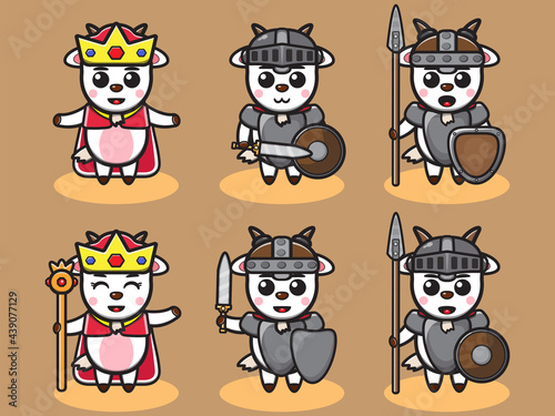 Fototapeta Naklejka Na Ścianę i Meble -  Vector illustration of cute Goat King and Knight cartoon set. Good for icon, logo, label, sticker, clipart.