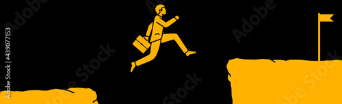 Vector illustration of a businessman jumping off a cliff, overcoming obstacles in his path and reaching his goal.