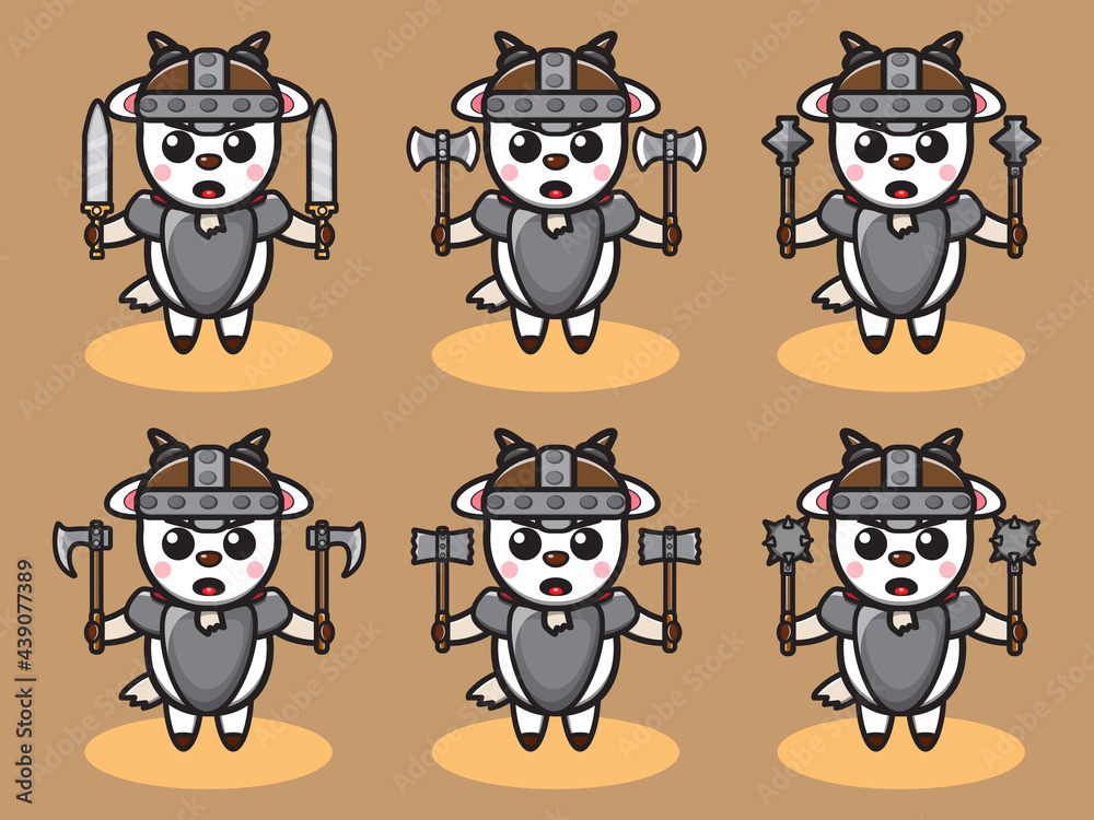 Vector illustration of cute Goat Knight with dual Weapon cartoon set. Good for icon, logo, label, sticker, clipart. Vector illustration of cute Goat Knight with dual Weapon cartoon set. Good for icon, logo, label, sticker, clipart.