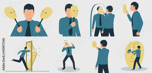 Vector illustration of dissociative personality disorder, imposter syndrome or split personality disorder. A man suffering from a mental disorder. Set of characters in a flat style. photo