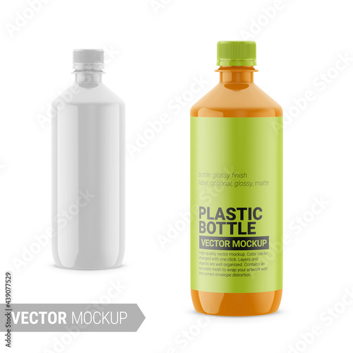 White glossy plastic bottle mockup. Vector illustration.