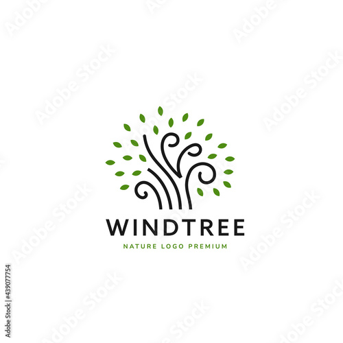 Simple nature wind tree logo in line style icon symbol