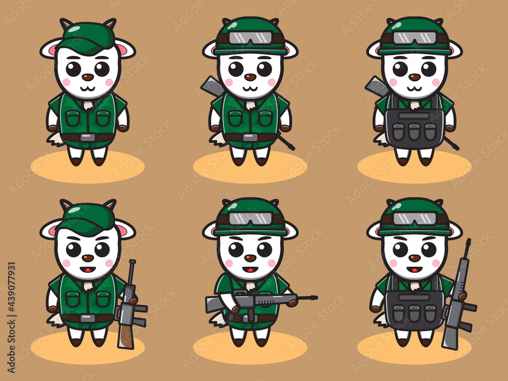 Vector illustration of cute Goat Soldier cartoon set. Good for icon, logo, label, sticker, clipart. Vector illustration of cute Goat Soldier cartoon set. Good for icon, logo, label, sticker, clipart.