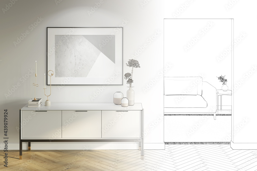 The sketch becomes a real modern interior with an illuminated horizontal poster above a cabinet with decor, a doorway to a room with a sofa, and a coffee table with a parquet floor. 3d render The sketch becomes a real modern interior with an illuminated horizontal poster above a cabinet with decor, a doorway to a room with a sofa, and a coffee table with a parquet floor. 3d render