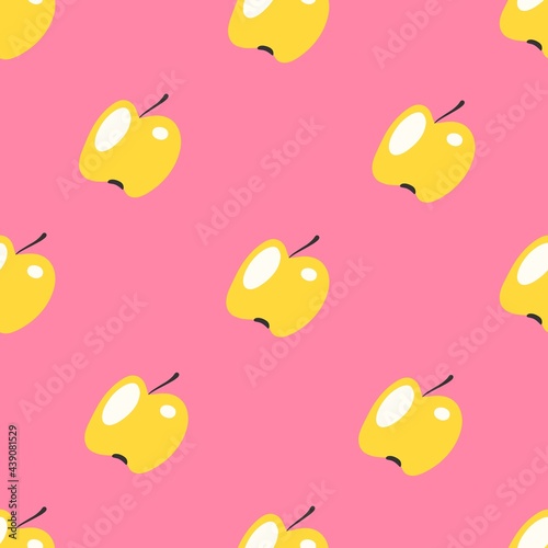 Seamless vector pattern with bright yellow apples, pink background. For backgrounds, textile, package design.