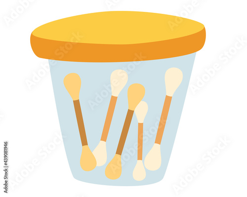 Ear sticks. Cotton swabs in containter. Glass jar with ear sticks. Care and hygiene. Wooden ear stick and cosmetic bud. Bath and makeup symbols. Clean beauty concept. No plastic. Vector illustration