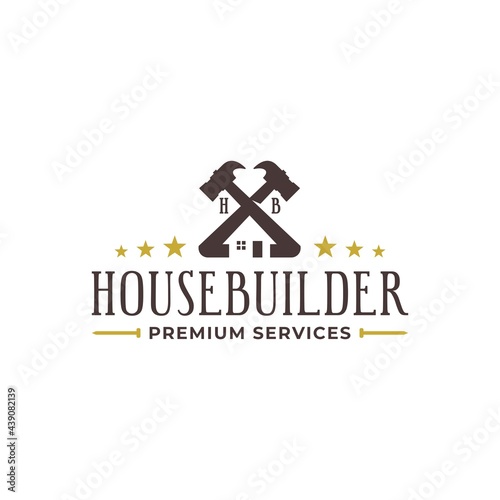 logo for house builder with a vintage style. an illustration of a hammer with a house in the bottom, good for house repair services logo.