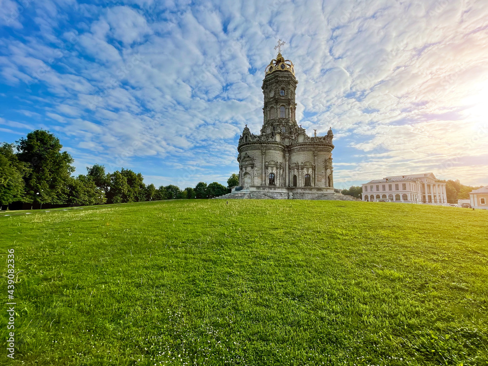 Panorama with ancient cathedral, Dubrovitsy, Moscow region, Russia