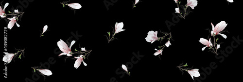 realistic magnolia flower, 3d banner. The magnolia branch is a symbol of spring, summer in the style of realism. pattern, background for web pages, website.  vector art illustration.  Widescreen