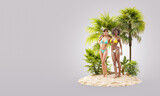 Unusual 3d illustration of beautiful slender women on a tropical island at the ocean.