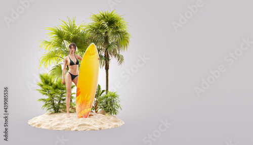Unusual 3d illustration of beautiful slender female with surfboard on tropica...