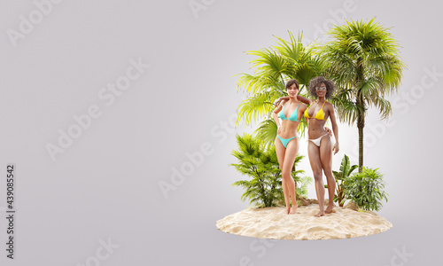 Unusual 3d illustration of beautiful slender women on a tropical island at th...