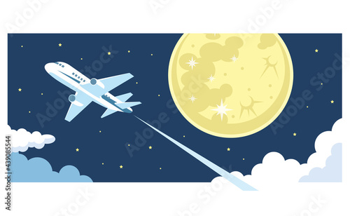 月と飛行機と空と雲のイラスト素材