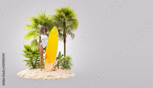 Unusual 3d illustration of slender black woman with surfboard on tropical isl...
