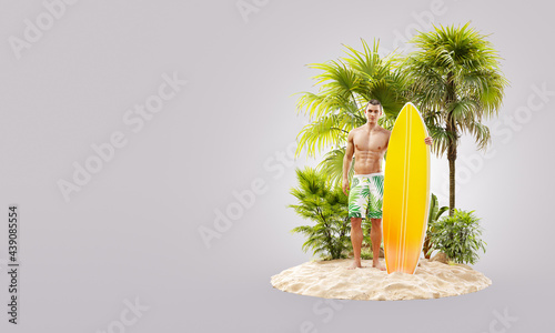 Unusual 3d illustration of a attractive fit man with surfboard on a tropical ...