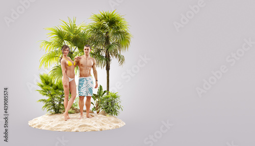Unusual 3d illustration of a beautiful couple resting on a tropical island at...