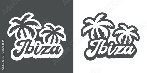 Destino de vacaciones. Logotipo con texto Ibiza con palmeras con sombra en fondo gris y fondo blanco