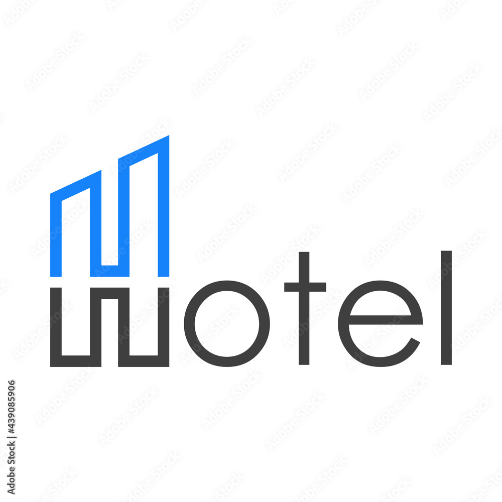Logotipo con texto Hotel con letra inicial H con forma de edificio en color gris y azul Logotipo con texto Hotel con letra inicial H con forma de edificio en color gris y azul