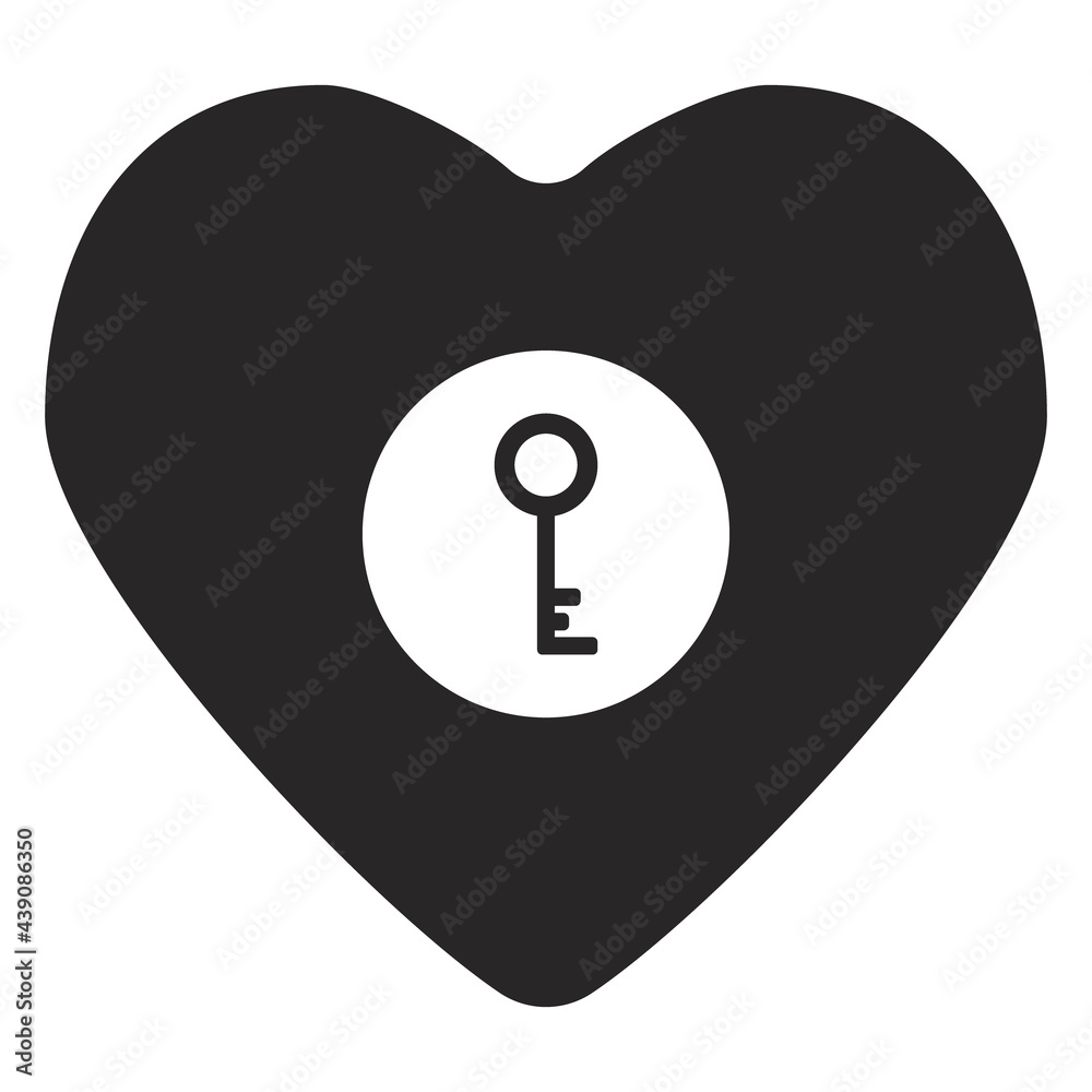 black heart with key inside. Simple form icon. Flat style. Vector illustration black heart with key inside. Simple form icon. Flat style. Vector illustration