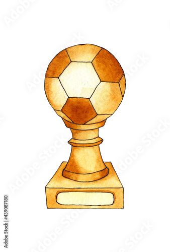 Watercolor illustration of a soccer cup. Trophy, reward for winning. FIFA main prize, victory in the tournament. Golden Ball. Isolated on white background. Hand-drawn.