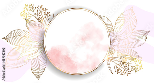 Round gold frame with flowers. Beautiful illustration with watercolor stains. Abstract bright wallpaper. Template design. Floral vector illustration.