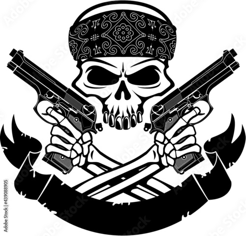 skull holding pistols and banner