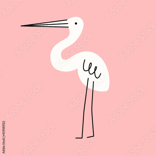 Illustration of heron or stork an isolated background. Dusty pastel colors. Modern flat style