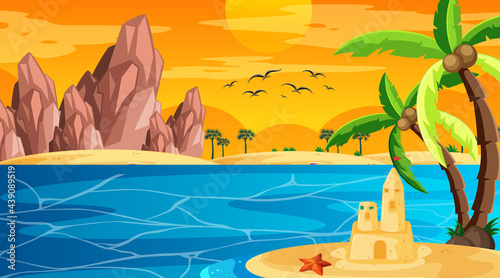 Beach at sunset time landscape scene with sand castle