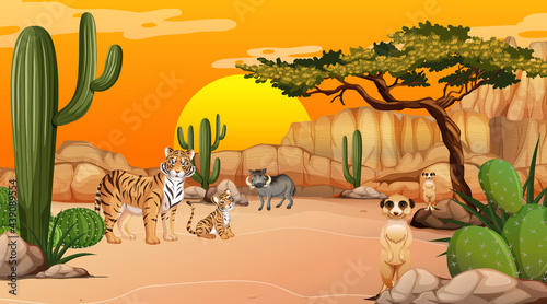 Sticker Desert forest landscape at sunset time scene with wild animals