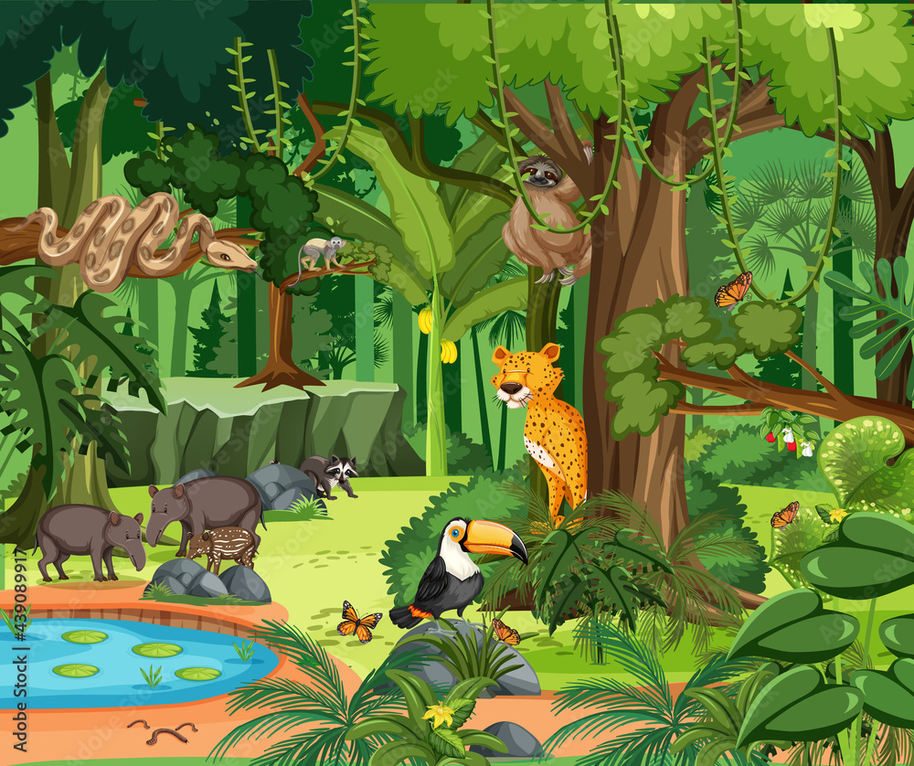 Naklejka premium Rainforest scene with wild animals