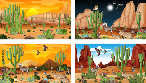 Different scenes with desert forest landscape with animals and plants