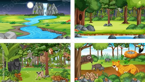 Canvas Print Set of different forest horizontal scene with various wild animals