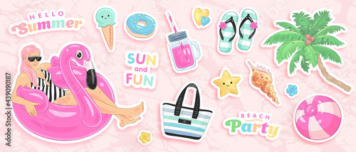 Vector summer set with pool floats, ice cream, palm tree, bag and seashell isolated on background