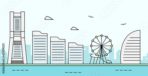 横浜みなとみらいの風景のイラスト　背景　街並み　神奈川　シンプル　港　海　ランドマークタワー　観覧車