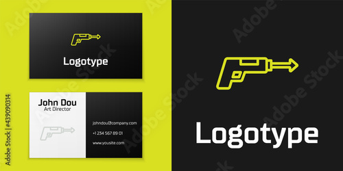 Logotype line Fishing harpoon icon isolated on black background. Fishery manufacturers for catching fish under water. Diving underwater equipment. Logo design template element. Vector