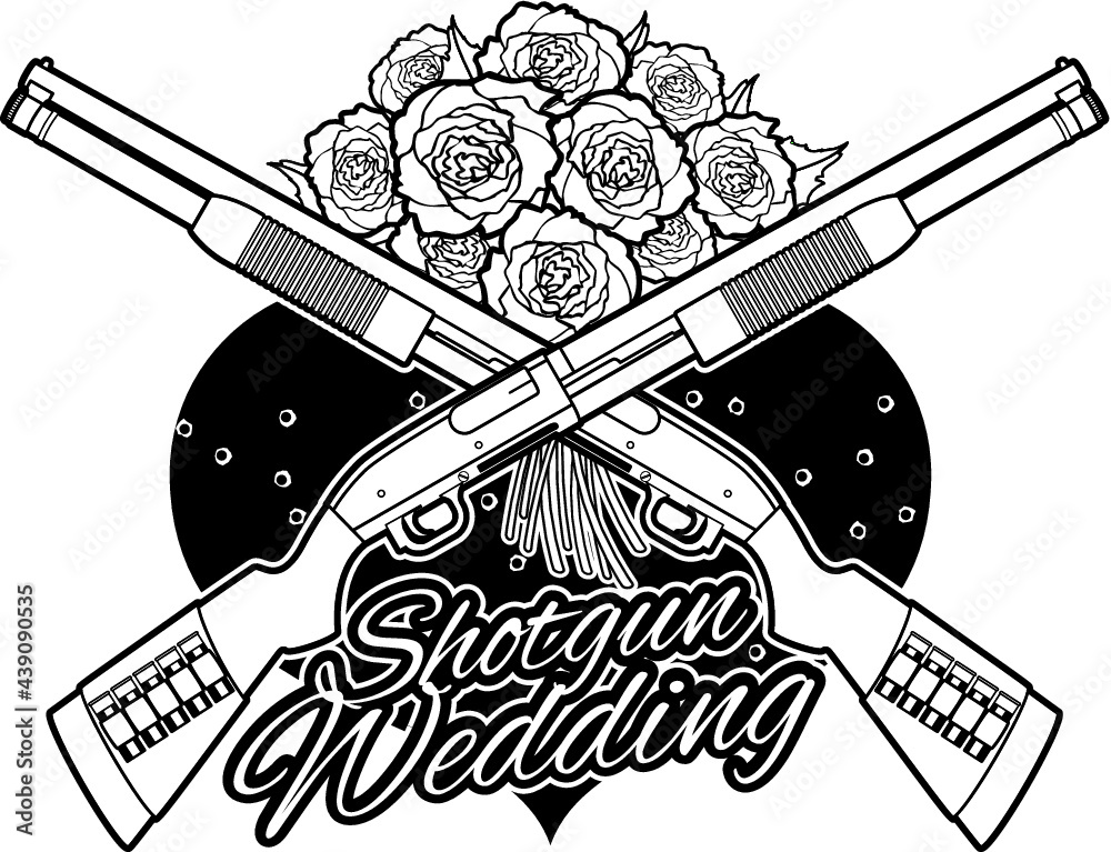 crossing shotgun over hart and flowers, and text shotgun wedding Stock Vector Adobe Stock